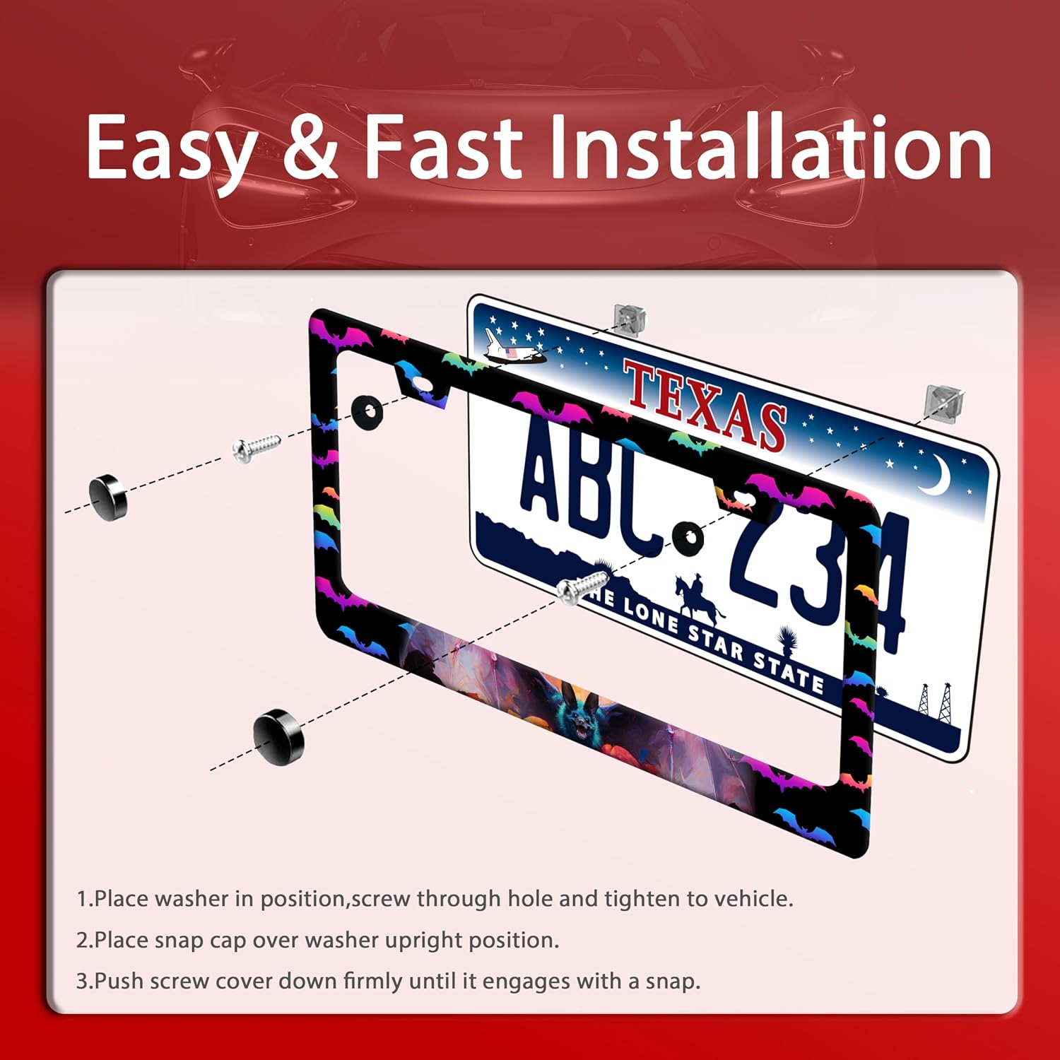 Bat License Plate Frame Funny Gothic License Plate Frames Stainless Steel Accessories Cars Decor with 2 Holes and Screws Reusable Fits Standard Us Ca Vehicles License Plate Holder 12.2 X 6 Inch