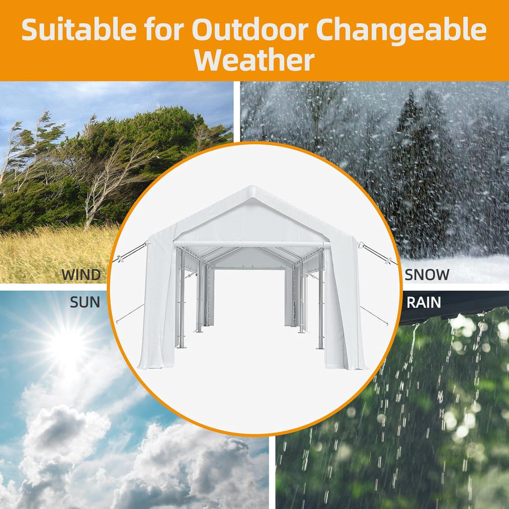 12x20ft Heavy Duty Carport Outdoor Canopy Portable Garage with 4 Doors & 4 Windows Waterproof UV Resistant Storage Shelter with Removable Sidewalls for Car Truck Boat, White