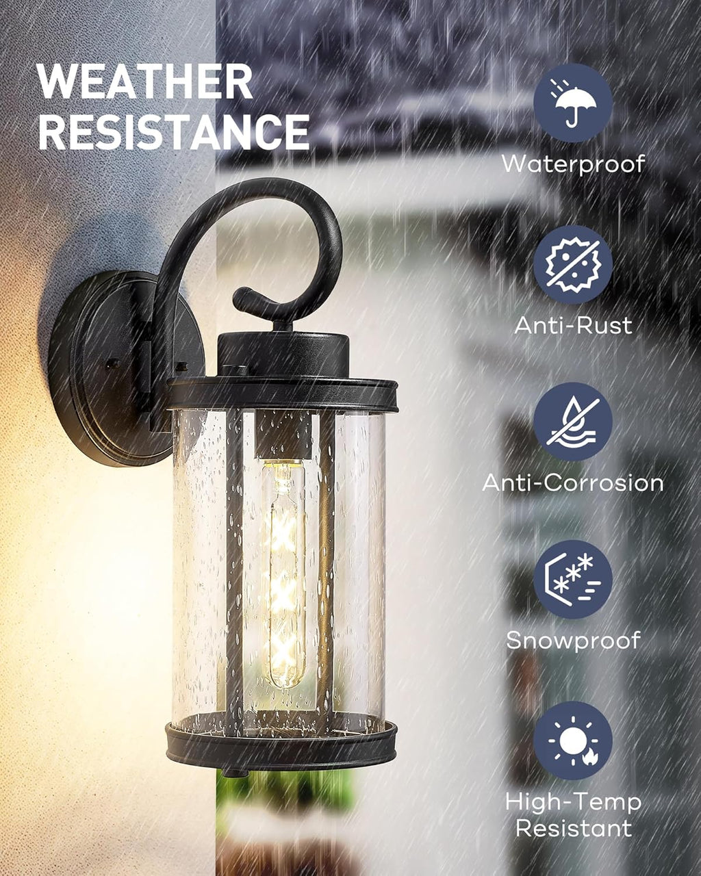 kudos Porch Lights Outdoor, 15.8 inch Large Cylinder Wall Light, E26 Sockets, Anti-Rust Waterproof Light Fixtures Wall Mount for Patio, Black with Seeded Glass, KDOWL01-BK-L