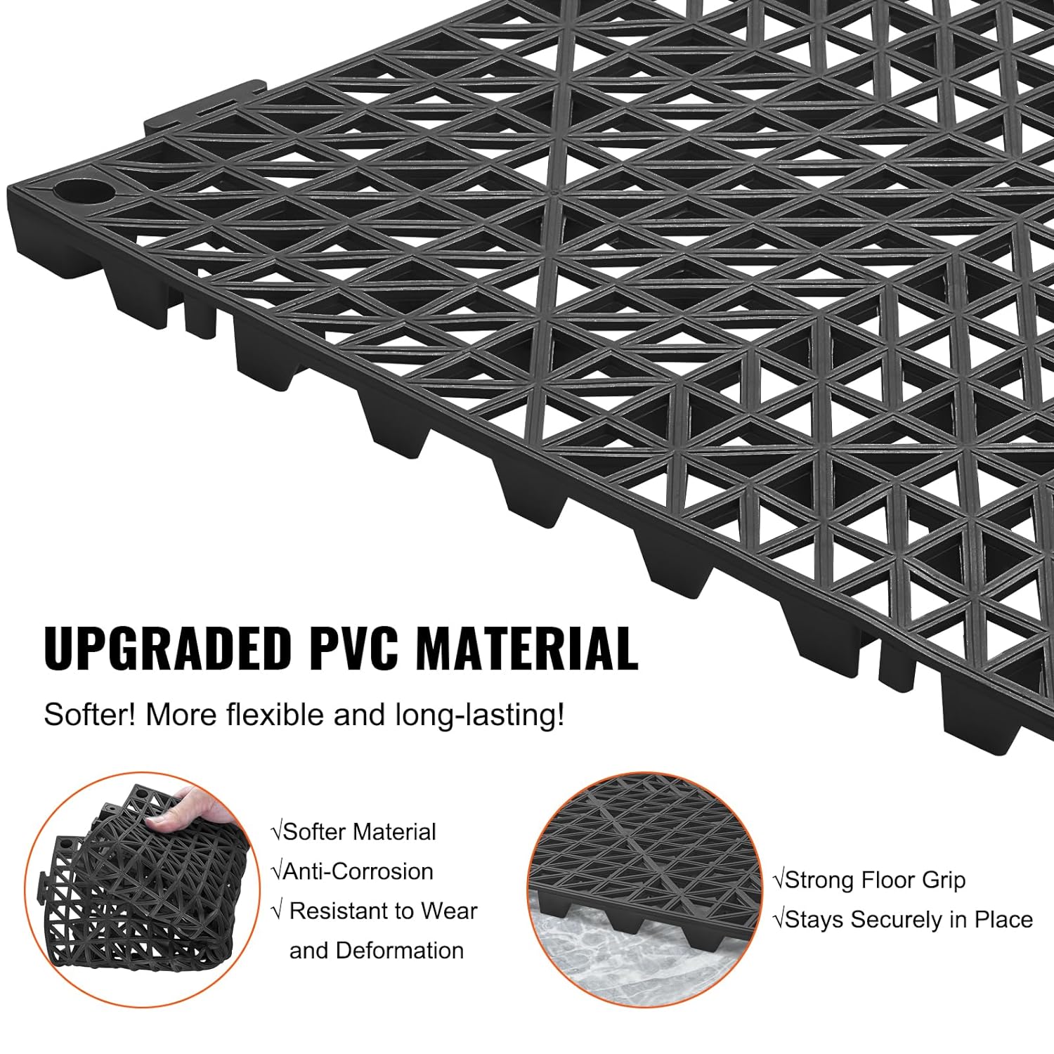 VEVOR Interlocking Tile 50PCS Black, Drainage Tiles 12" x 12" Splicing, Soft PVC Interlocking Drainage Floor Tiles, Non-Slip Drainage Holes for Restroom, Bathroom, Kitchen, Pool, Wet Areas