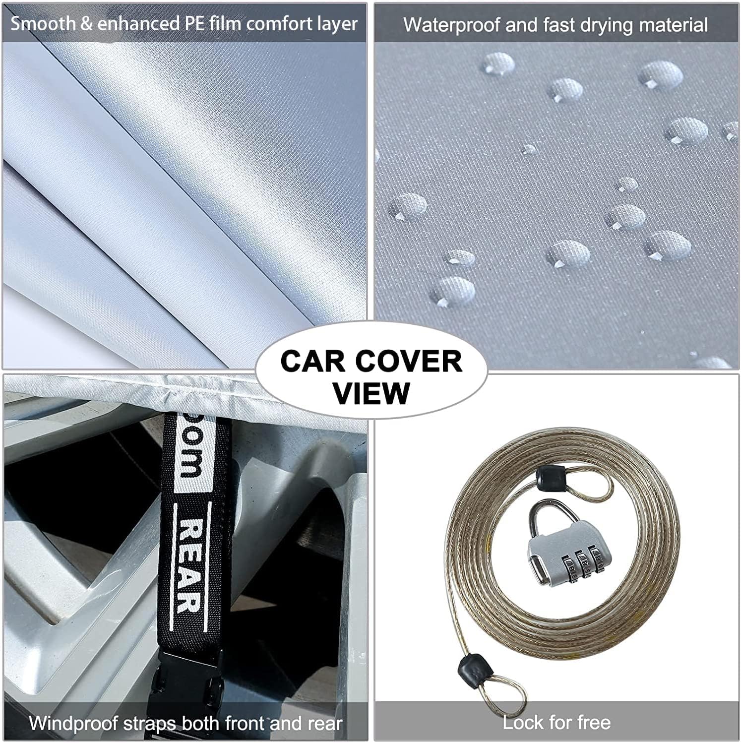 Tecoom Light Shell Breathable Material Classic Zipper Design Waterproof UV-Proof Windproof Car Cover with Storage and Lock for All Weather Indoor Outdoor Fit 191-205 Inches SUV