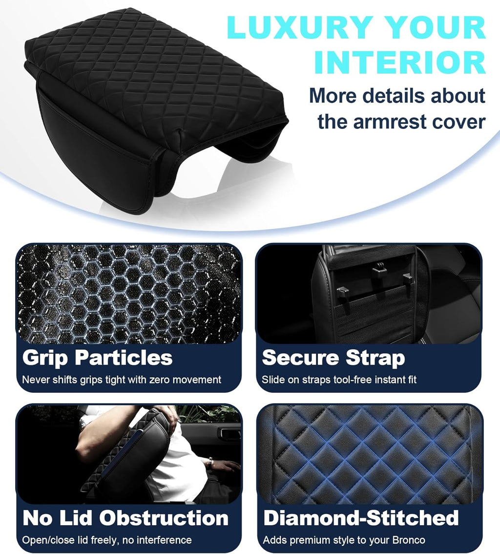 Armrest Cover for Ford Bronco 2021-2025 Center Console Pad with Organizer Storage Pockets, Black Faux Leather Arm Rest Lid Protector Cushion Interior Accessories 2/4 Door (for Bronco)