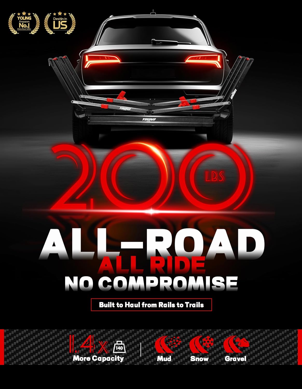 Young Heavy Duty Electric Bike Rack for Car SUV Truck RV, 2 Bike Hitch Mount Platform with Ramp, Fits Fat Tire up to 5", Foldable Ebike Carrier for Tow Hitch 2" Receiver, Scratch-Free, Quick Install