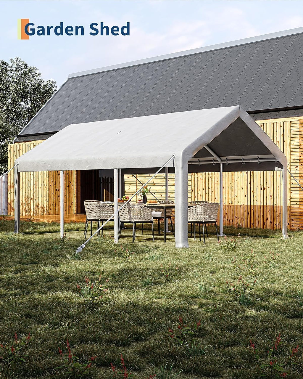 13 x 20ft Heavy-Duty Carport Canopy with Roll-Up Windows & DoorsThickened Wind Ropes, Ground Nails, Portable Car Tent Garage for Cars, Trucks, Boats, 180G Durable Tarp Cover,White