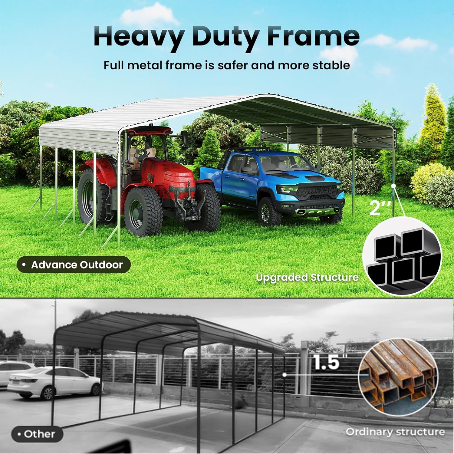 20x20' Heavy Duty Metal Carport – Sturdy Structure, All-Weather Protection, Easy Assembly for Cars, Trucks, Boats, Tractors, and Outdoor Storage (White, 20x20FT)