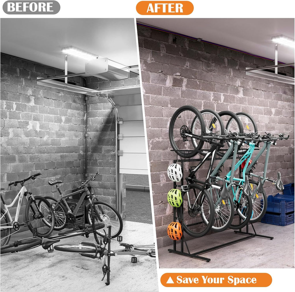 OYEAL Bike Rack Garage Floor Bike Storage Stand with 6 Hooks, Indoor Vertical Bicycle Organizer for 3 Adult Mountain/Road &1 Kids Bikes, Max Tire Width 2.6”, Black