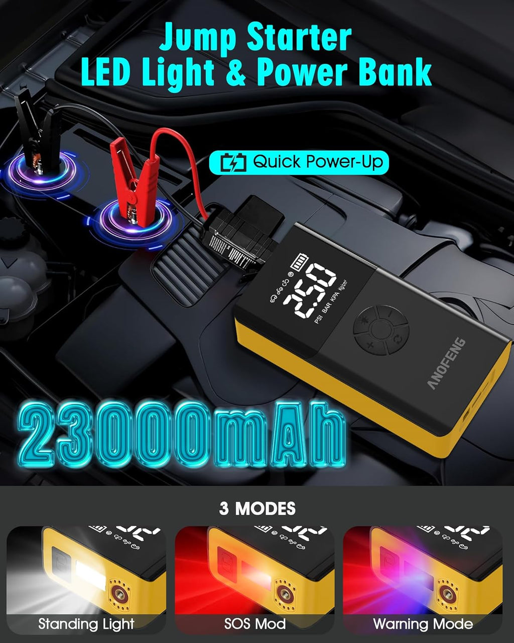 Portable 3000A Jump Starter with Air Compressor,150 PSI Air Pump 12V Jump Box for Car Battery Jump Starter (10L Gas/8L Diesel) with Jumper Cable,3 Modes Flashlight,LCD Display