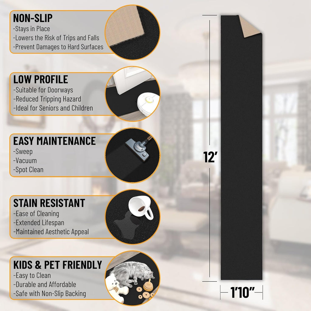 Ottomanson Hallway Runner Rug 1'10" x 12' Non Slip Solid Area Rugs Easy to Clean Laundry Rug Runner Durable & Pet Friendly Floor Carpet Runners for Hallways Entryway Living Room Kitchen, Black