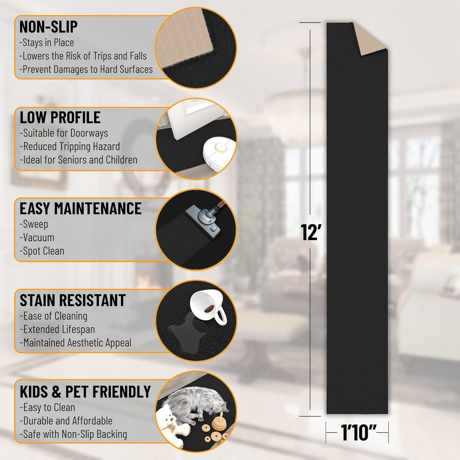 Ottomanson Hallway Runner Rug 1'10" x 12' Non Slip Solid Area Rugs Easy to Clean Laundry Rug Runner Durable & Pet Friendly Floor Carpet Runners for Hallways Entryway Living Room Kitchen, Black