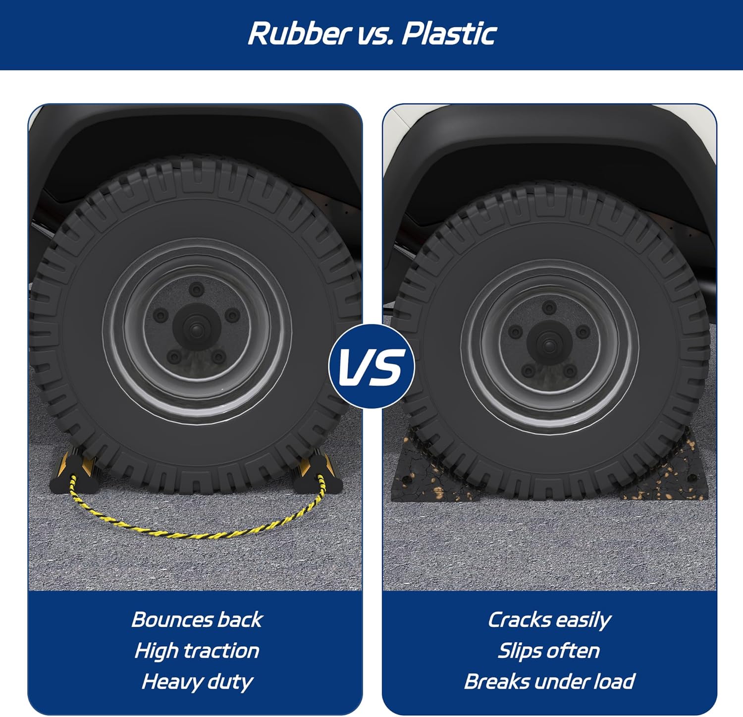 Heavy Duty Rubber Wheel Chock, Non-Slip Tire Stopper with Durable Nylon Rope, for Cars, Trucks, RVs, and Aircraft, 2 Pairs