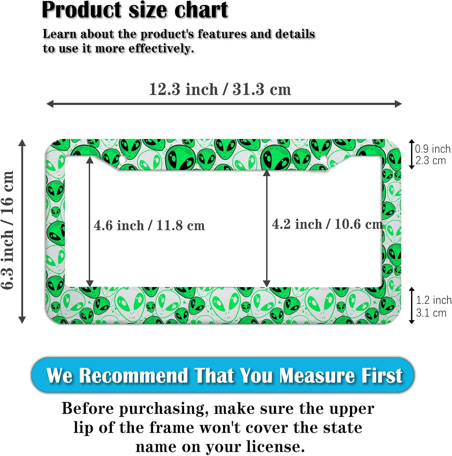 License Plate Covers for Men Green License Plate Frames for Women Alien Universal Aluminum Car Accessory 2 Pack with Screw Covers Set