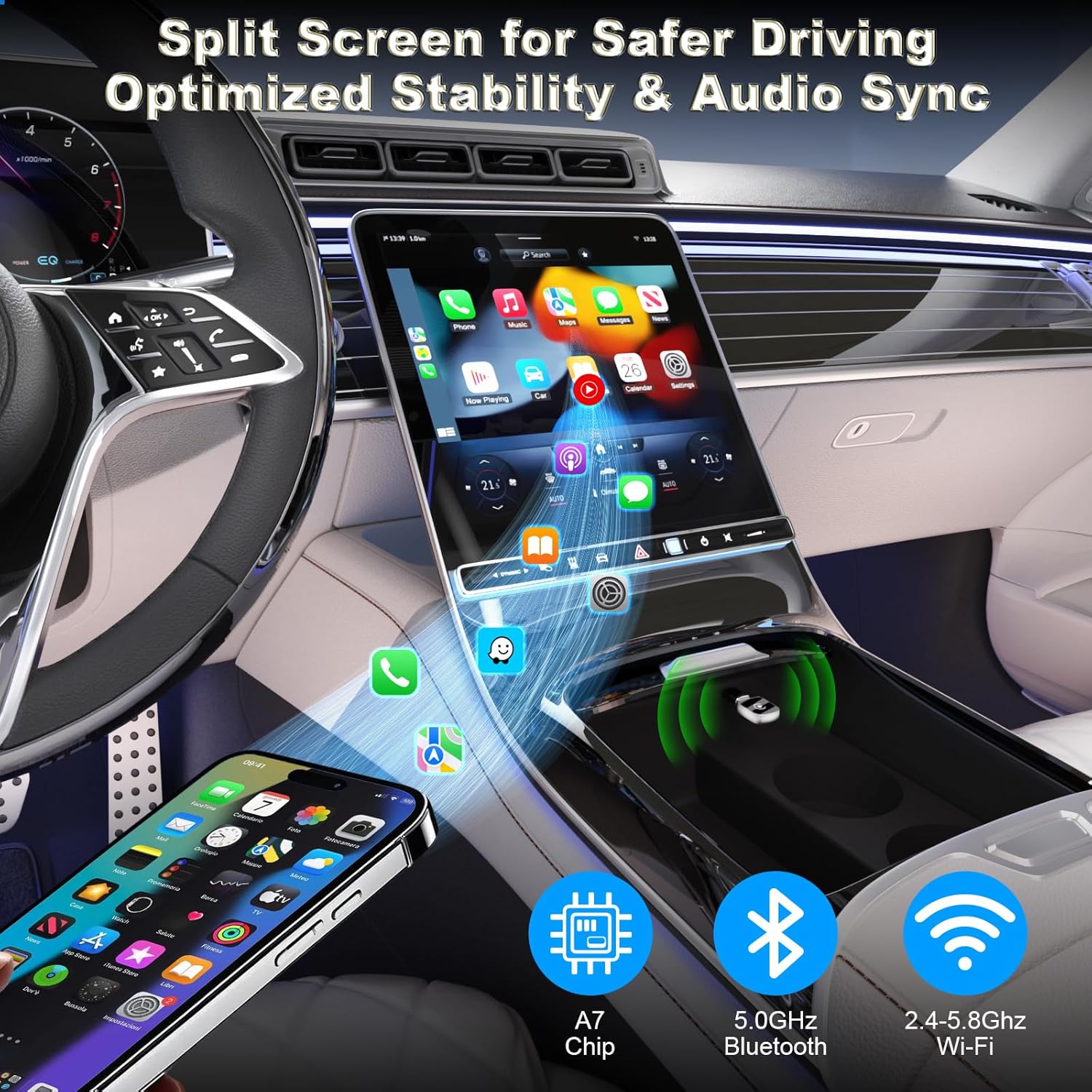 Wireless CarPlay Adapter-Mini Edition,Convert Factory Wired to Wireless Apple CarPlay Dongle,Includes USB-A to USB-C Adapter,Fast Stable Connection Plug Play Car Play Dongle for iPhone iOS 10+（Black）