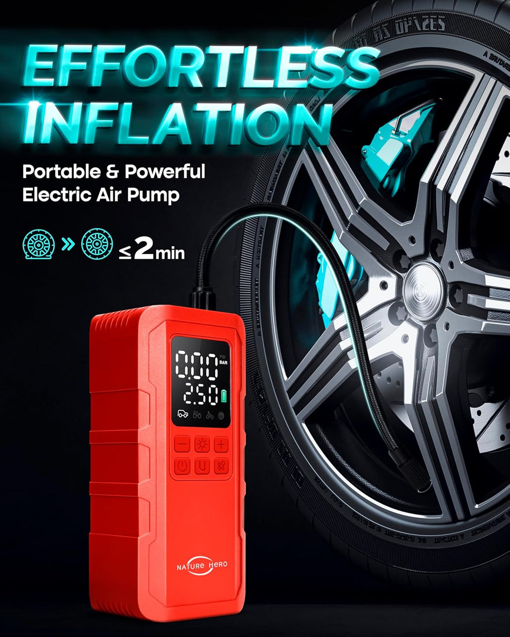 Tire Inflator Portable Air Compressor,150 PSI car tire air Pump Portable with Digital LCD Pressure Gauge,Electric Air Pump for Motorcycle Tires,Bicycle Tires and Balls,Red