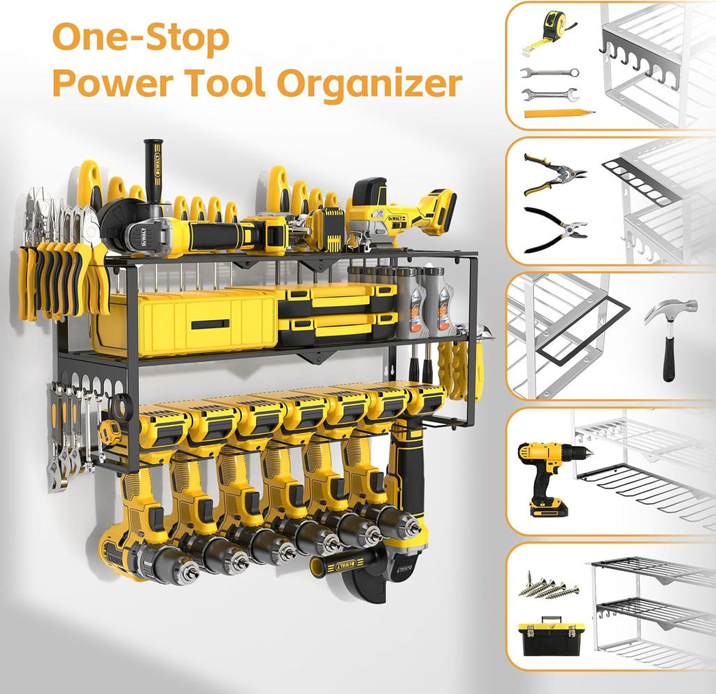 Power Tool Organizer Wall Mount Cordless,15 Min Fast Install Metal Garage Tool Storage Organizer Heavy Duty 3 Layers 7 Drill Power Tool Holder Storage Rack Tool Shelf Wall Mount for Shop Organization