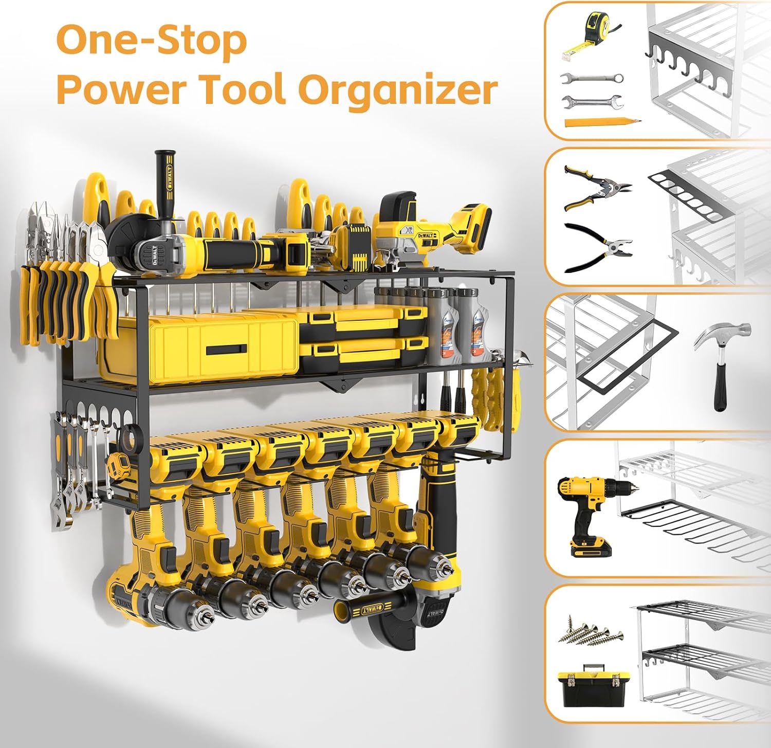 Power Tool Organizer Wall Mount Cordless,15 Min Fast Install Metal Garage Tool Storage Organizer Heavy Duty 3 Layers 7 Drill Power Tool Holder Storage Rack Tool Shelf Wall Mount for Shop Organization