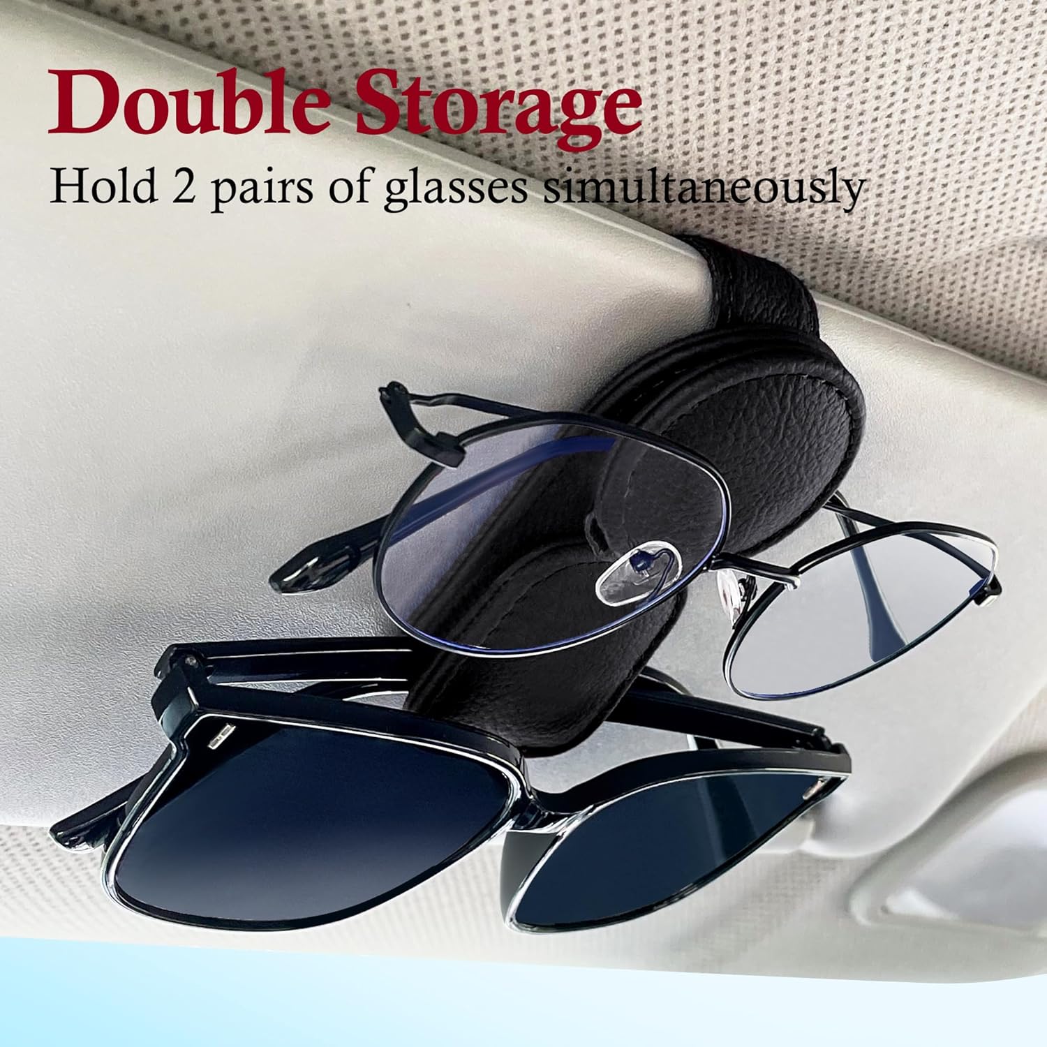 KIWEN 2 Pack Sunglasses Holder for Car Visor, Magnetic Leather Sunglass Eyeglass Hanger Clip for Car Sun Visor Accessories (2, Black)