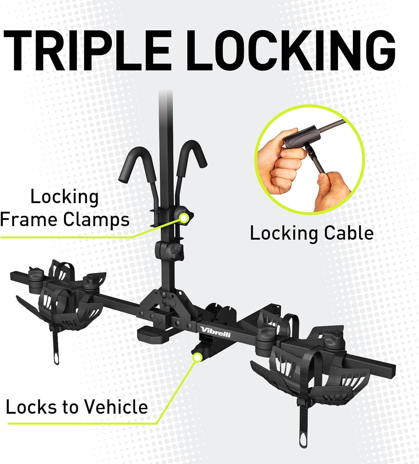 Vibrelli Electric Bike Hitch Rack - 2 Ebike Rack Fits Fat Tire, Mountain Bike, Standard Bicycles - 65lbs per Bike - Patented Anti-Wobble - Cars & SUV - Tilt Down/Fold Up Platform - Locking Tow Mount