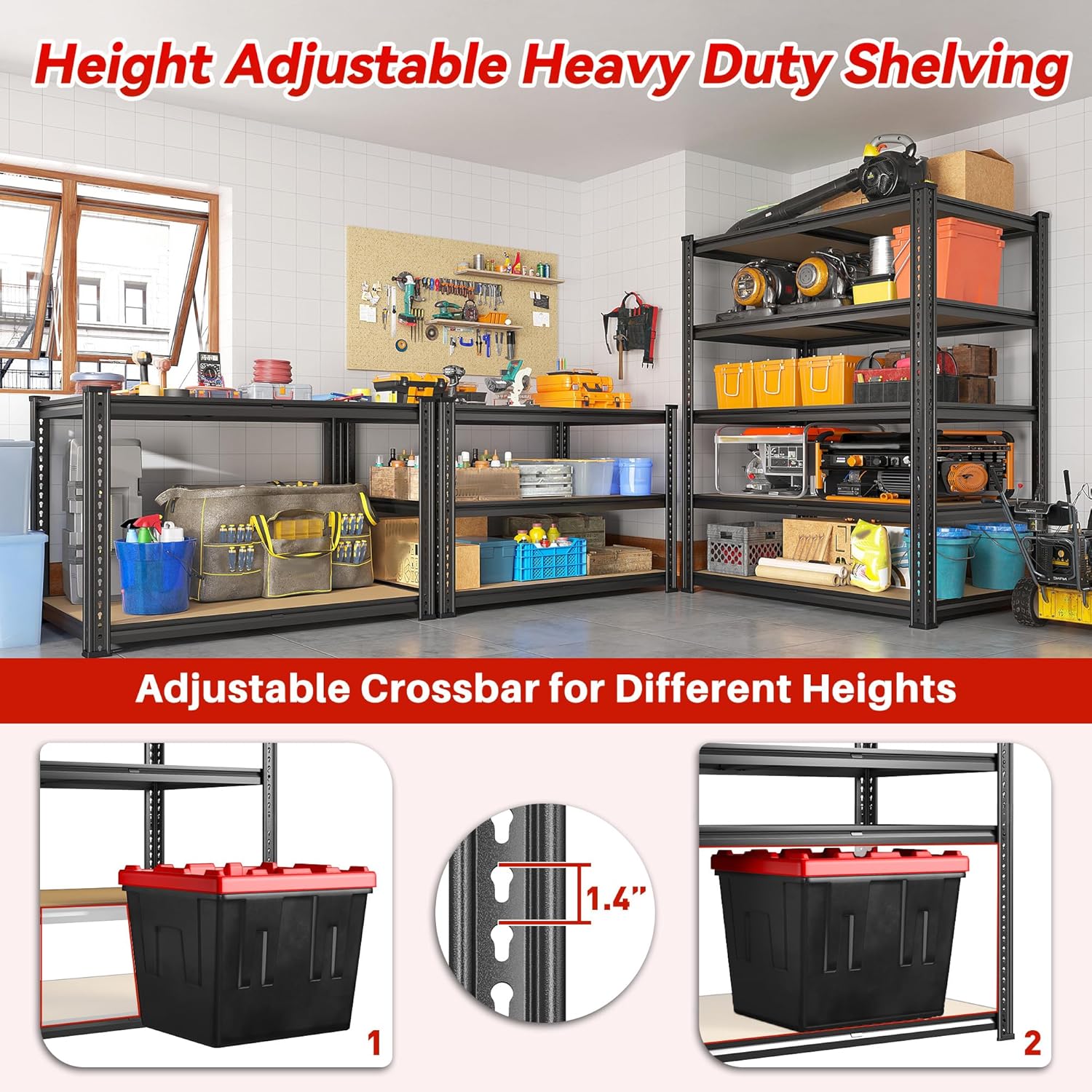 REIBII 72.05" H Storage Shelves 2300LBS Garage Shelving Heavy Duty Metal Shelving 5 Tier Garage Shelves Adjustable Metal Shelf for Kitchen Basement Pantry 35.45" W x 17.72" D x 72.05" H