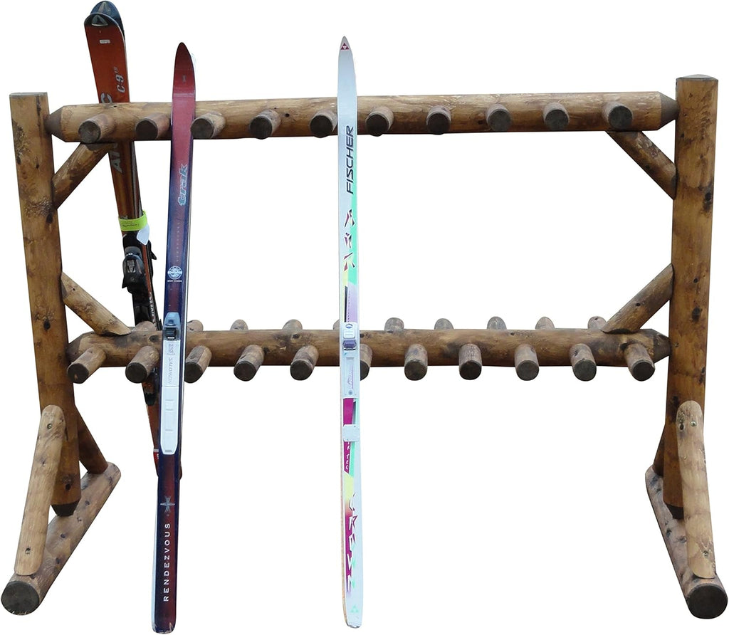 17-Pair Freestanding Skis + Snowboard Log Rack, Standing Shorter Ski Storage Racks, Snowboard Sports Organizer, Ski Poles Garage Sports Equipment Organizer, Rack for Snowboards - Canyon Brown