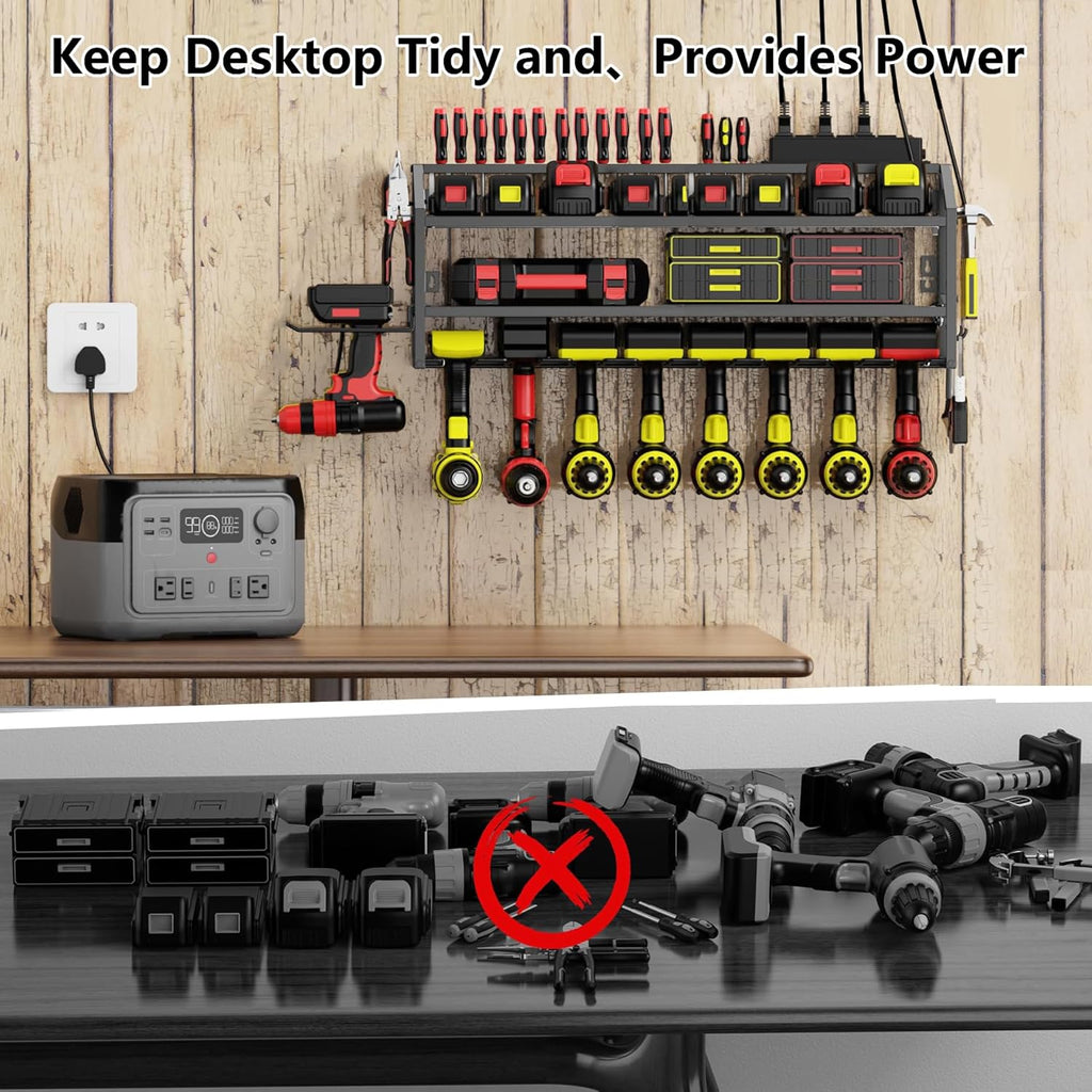 Power Tool Organizer Wall Mount with Charging Station, 3 Layer Storage Rack and Tool Holder for Garage Organization, 8 Drill Holder Wall Mount and 6 Outlet Power Strip