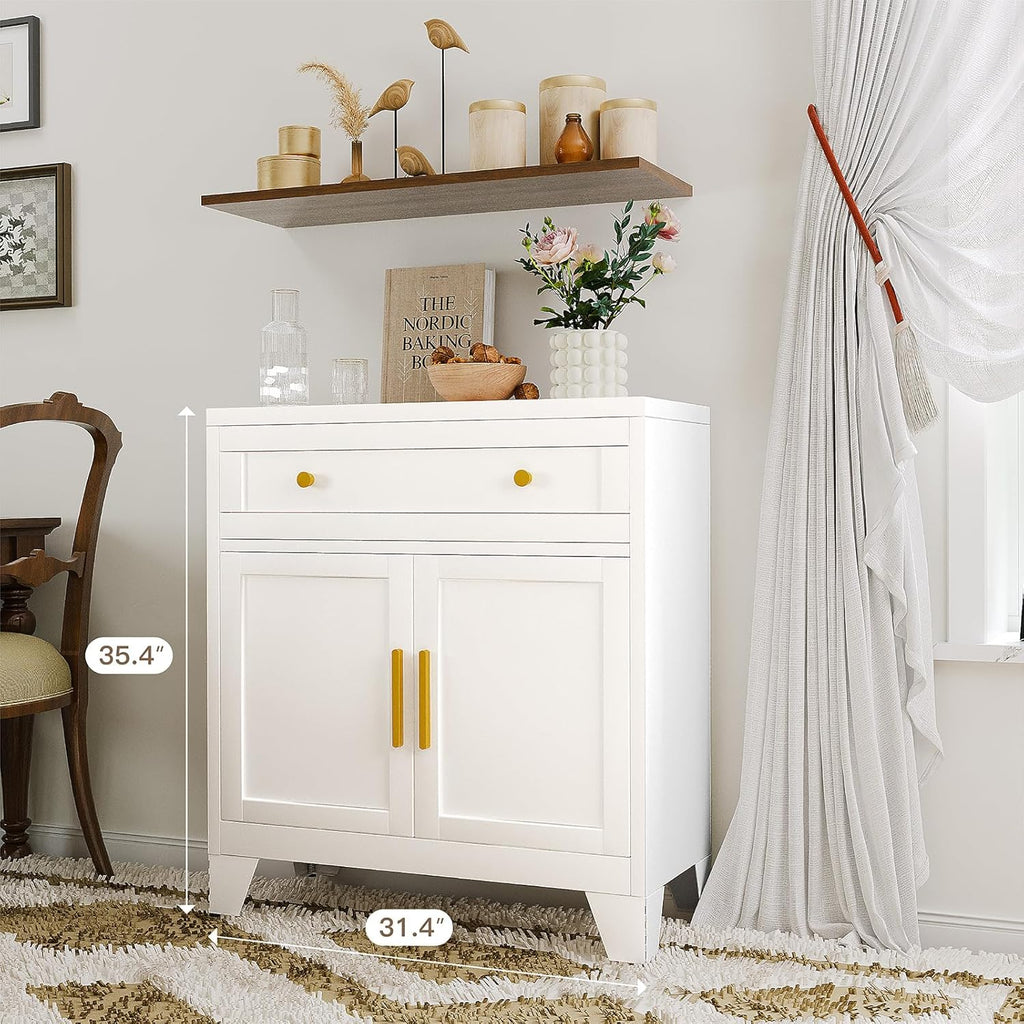 Metal Sideboard Cabinet with Big Drawers,Farmhouse Coffee Bar with One Adjustable Shelves,Buffet Cabinet,Metal Storage Cabient for Kitchen, Dining Room, Entryway, White