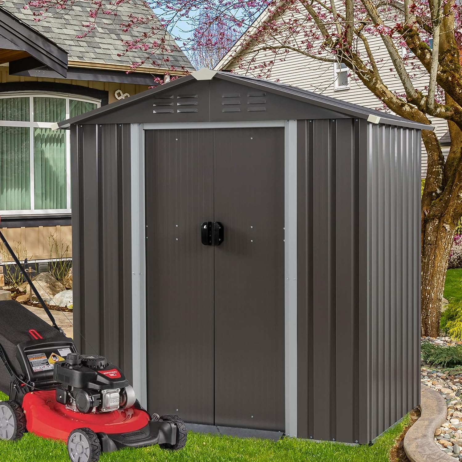 Vongrasig Outdoor Storage Shed, 6 x 4 FT Outside Metal Garden Shed with Large Window and Lockable Door, Waterproof Tool Shed for Backyard Patio, Lawn and Garden (Gray)