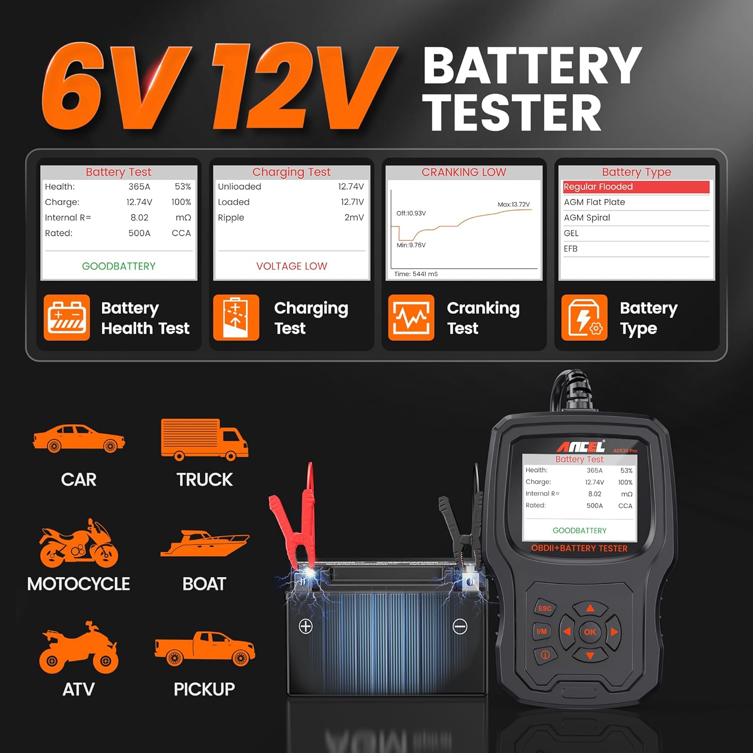 ANCEL AD530 PRO 2 in 1 OBD2 Scanner & Car Battery Tester, Car Scanner Diagnostic Tool with Live Data, 6V 12V Battery Checker with Charging/Cranking Test, Check Engine Code Reader for 1996+ Vehicles