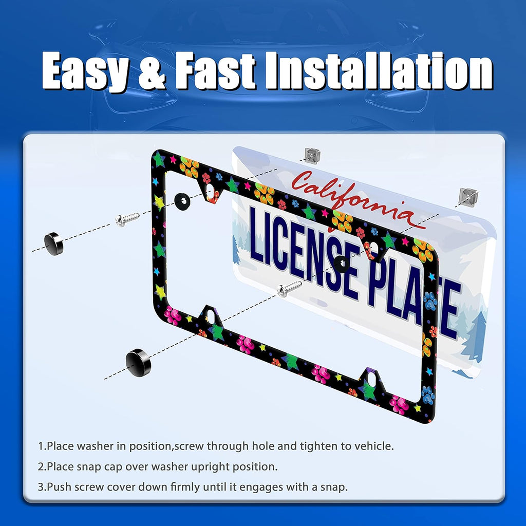 Colorful Animal Paw and Star License Plate Frame Colorful License Plate Stainless Steel Parts Funny License Plate Decorative with Screws Size 12.3" x 6.3" for Men Women