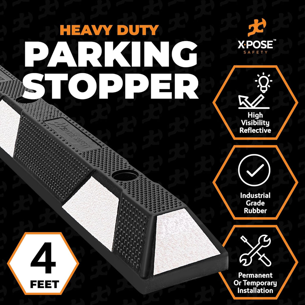 Xpose Safety 48" Heavy Duty Rubber Parking Stopper – 10 Pack Wheel Blocks for Garage, Driveway, or Ramp – Car Bumper Stop with White Reflective Strips – Removable Floor Mount