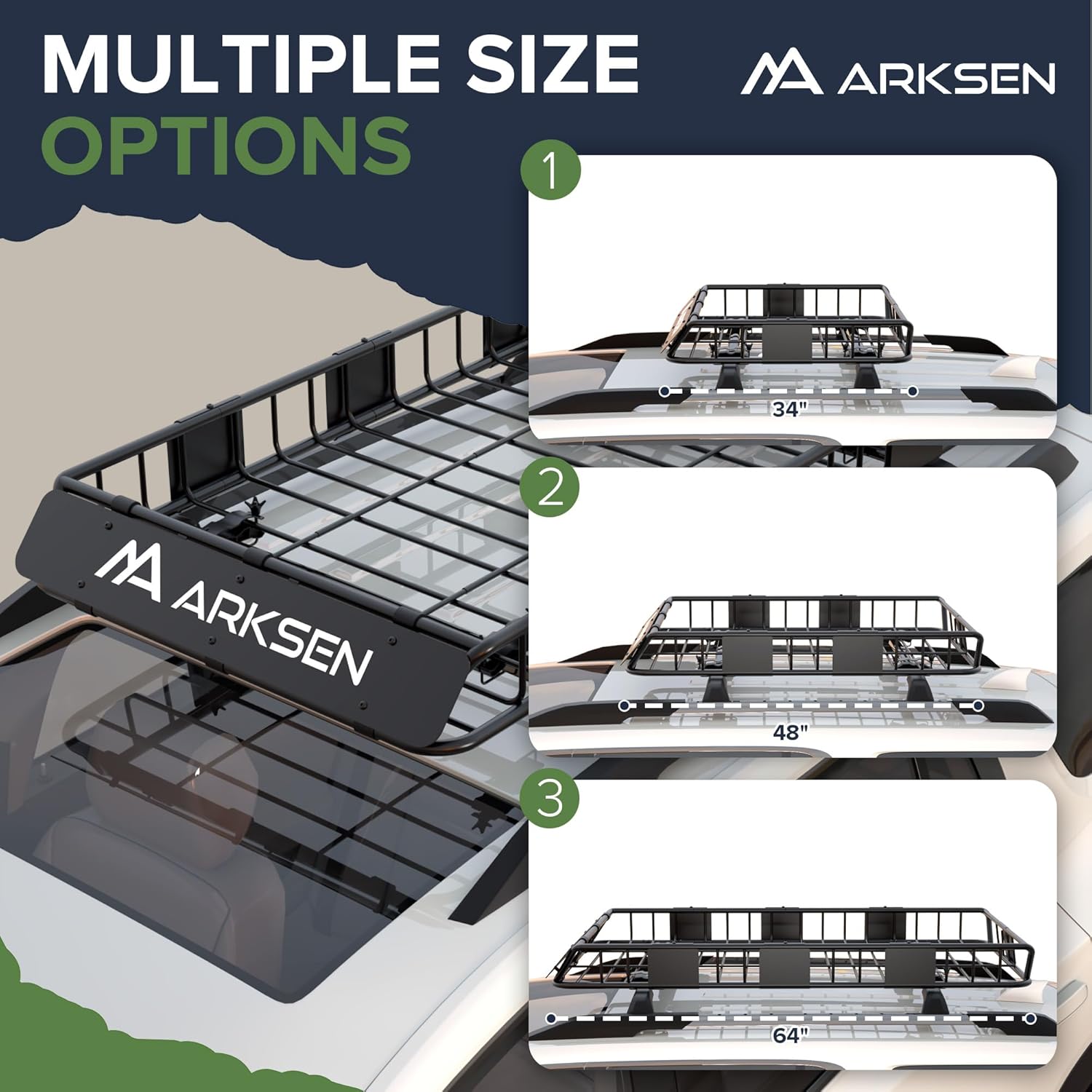ARKSEN 64 x 34 x 6 Inch Universal Roof Rack with Extension, 600D Waterproof Bag, 2 Ratchet Straps&Net, 150 LBS Capacity Heavy Duty Rooftop Cargo Basket for SUV, Truck, RV, Pickup