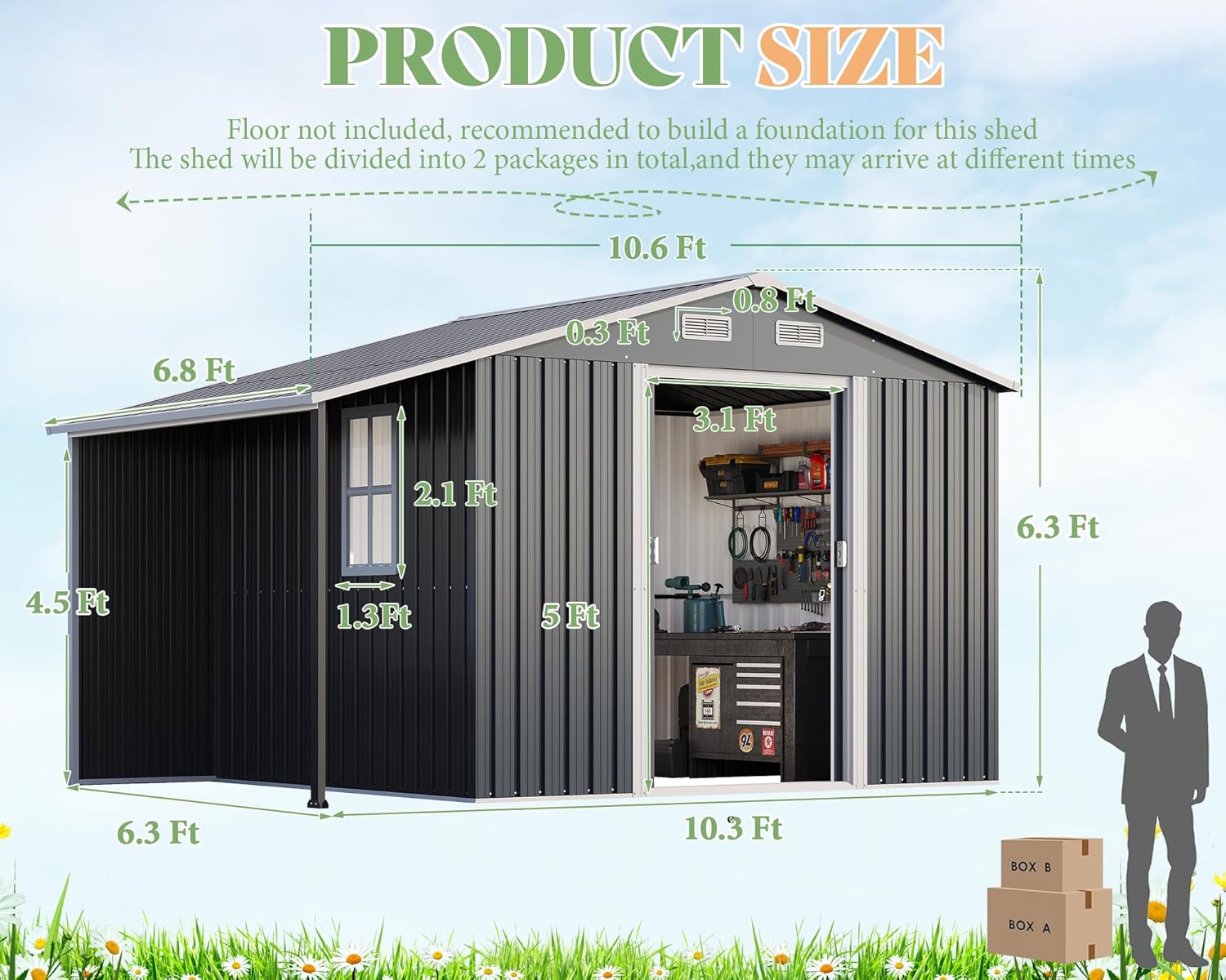 Jocisland 10.6x6.8x6.3 FT Galvanized Metal Storage Shed with Open Firewood Bay, Sliding Doors & Ramp, 2 Windows & Vents, Weather-Resistant Outdoor Tool/Garden Shed, Dark Grey/White