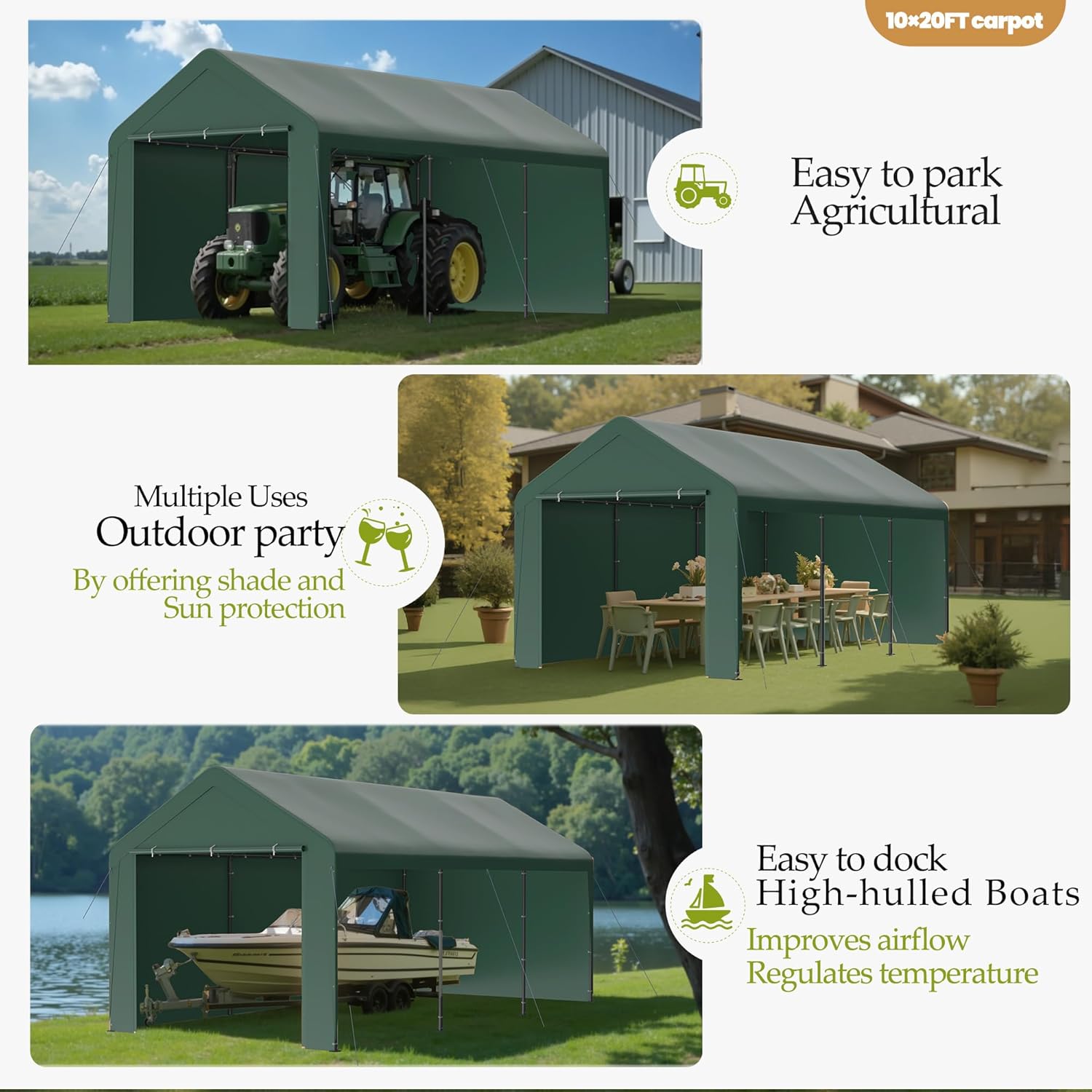 GOJOOASIS 10x20 Carport Heavy Duty Portable Garage Shelter Metal Car Canopy Tent with UV-Resistant & Weatherproof Top Cover for RV & Vehicles (Green, 10x20 with sidewalls)