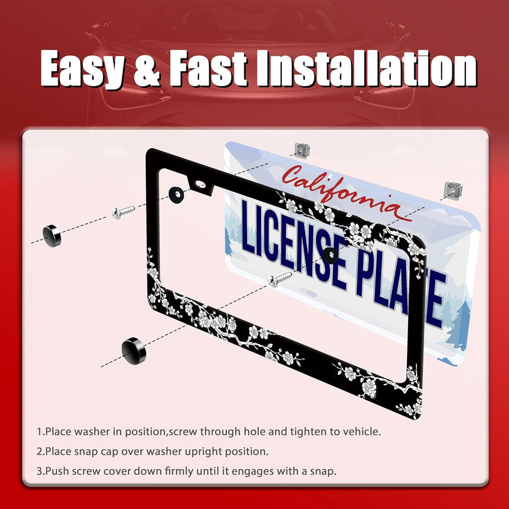 Cherry Blossoms License Plate Frame Beautiful Floral License Plate Frames for Car Decorative Parts Stainless Stee License Plate for Standard Us Canada Funny License Plate Holder 12x6 in for Men Women