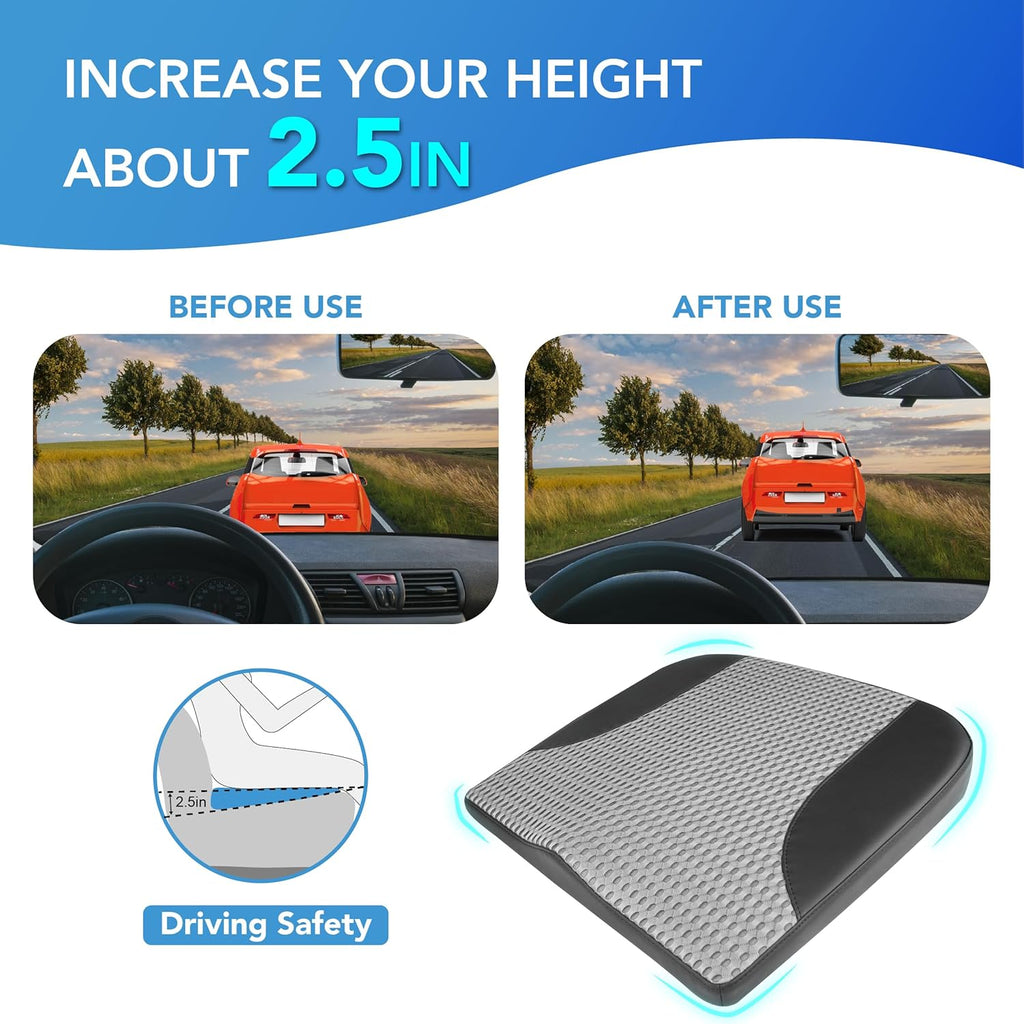 Car Seat Cushion, Comfortable Memory Foam Seat Pillow for Driving, Sciatica-Back Pain Relief, Cushion for Car-Truck, Office, Wheelchair - Black&Gray