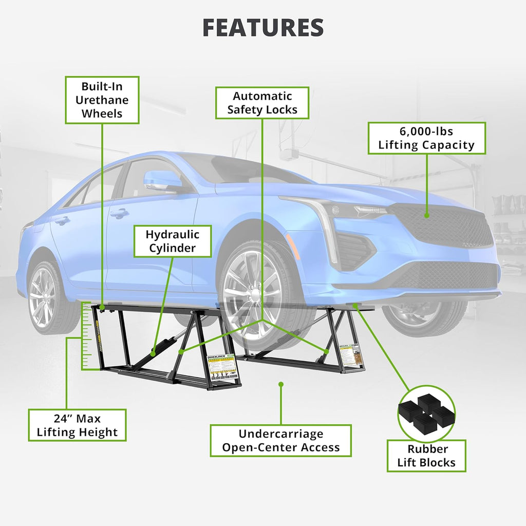QuickJack Bundle - 6000TL Portable Car Lift, Wall Hangers & Pinch-Weld Blocks, ALI Certified, 6,000-lbs. Capacity, 110V Power Unit, Car Lift for Garage, Shop, & Mechanic