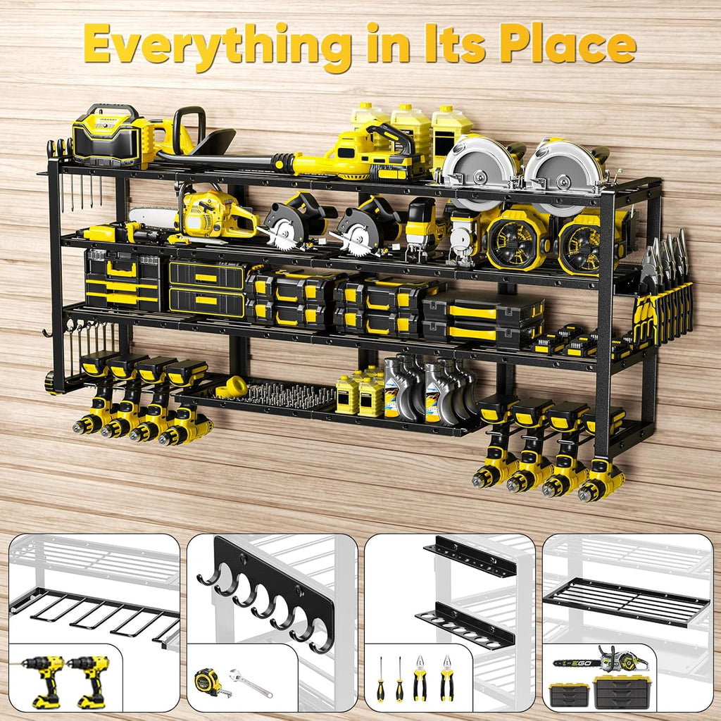 64”W Power Tool Organizer Wall Mount, Heavy Duty 8-Drill Cordless Drill Holder Supports 800 lbs, 4-Layer Corner or Straight Assembly Large Tool Battery Storage Rack for Garage Workshop