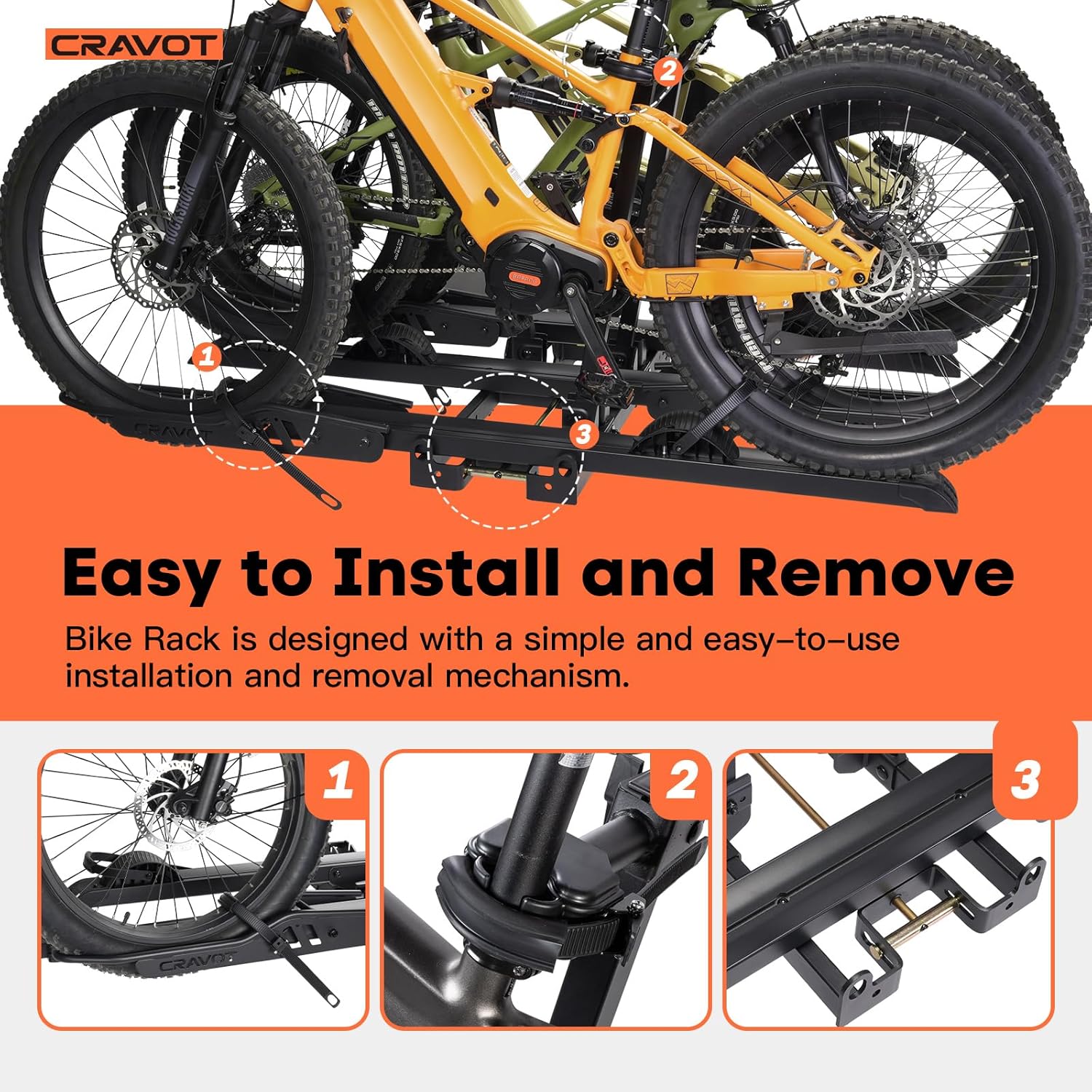 CyberRack S3 Ebike Rack, 300 lbs Capacity Foldable Bike Racks for Tow Hitch Heavy Electric Bike Carrier for 3 E-Bike, Up to 5-inch Fat Tire 2'' Receiver