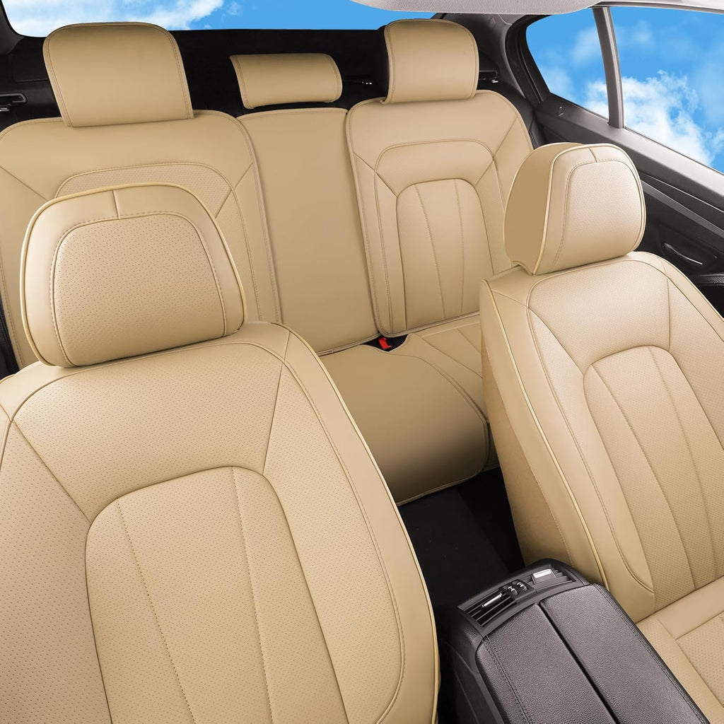Car Seat Covers Full Set,Breathable and Waterproof Faux Leather Automotive Seat Covers for Cars,Luxury Universal Fit Seat Covers for SUV, Sedans and Trucks,Beige