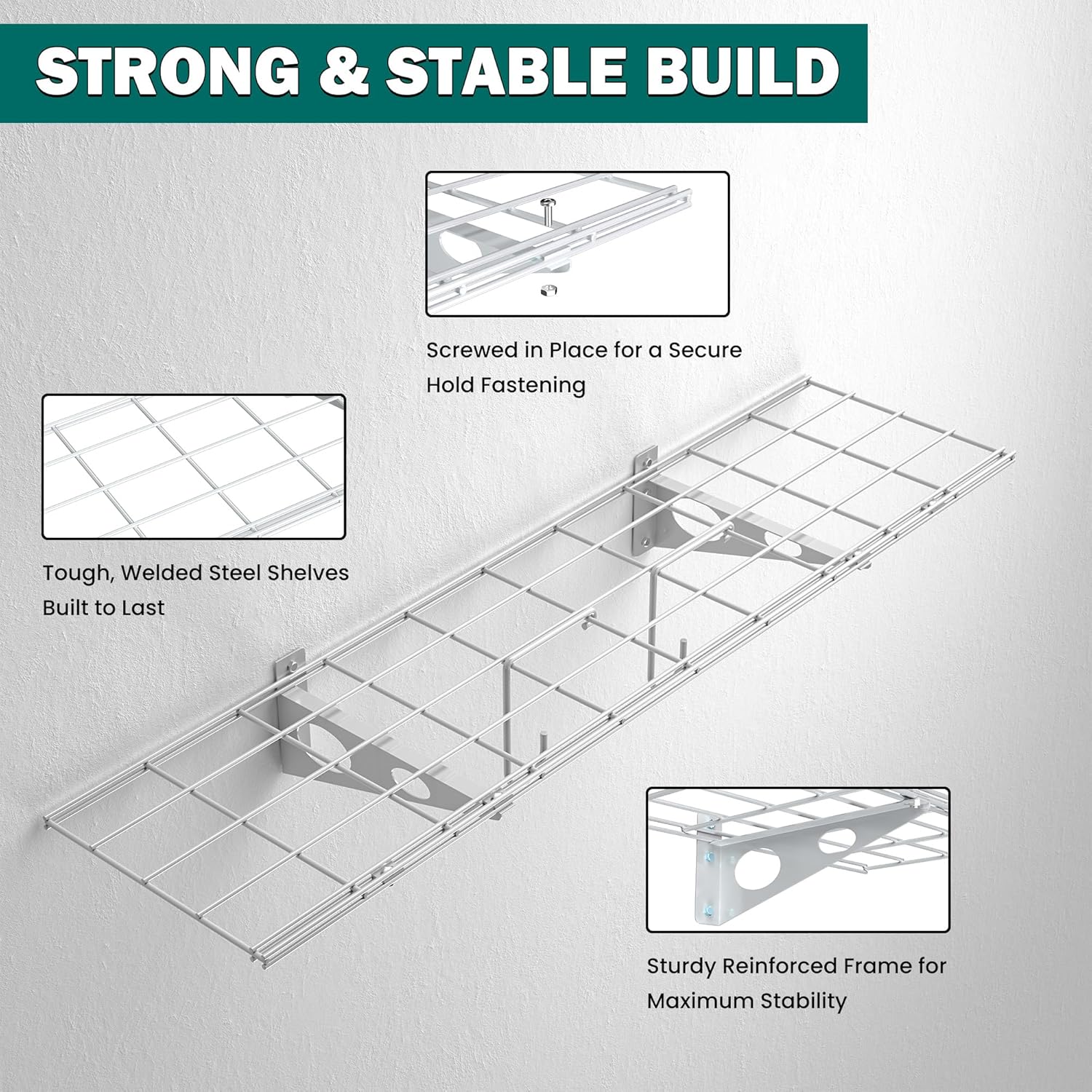 EVERHANGER Garage Wall Shelves, 12 X 48 Inch Wall Mounted Storage Shelves, Heavy Duty Metal Shelving with Hooks, 2 Pack, White