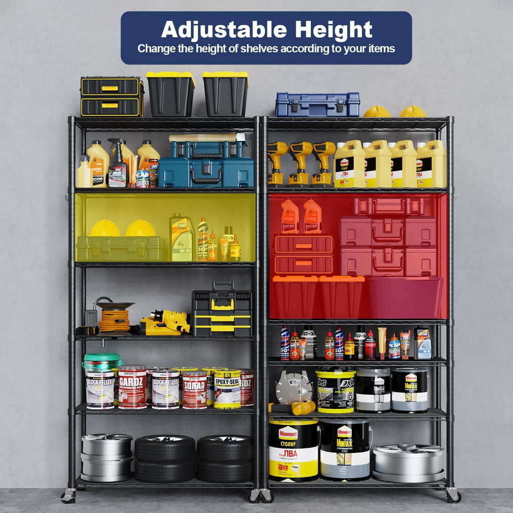 Himix 73''H X 35.5''W X14''D 6 Tier Wire Shelf with Wheels 10 Hooks, Adjustable NSF Wire Shelving Unit Heavy Duty Metal Storage Shelves Free Standing Rack Organization for Pantry,Kitchen,Garage