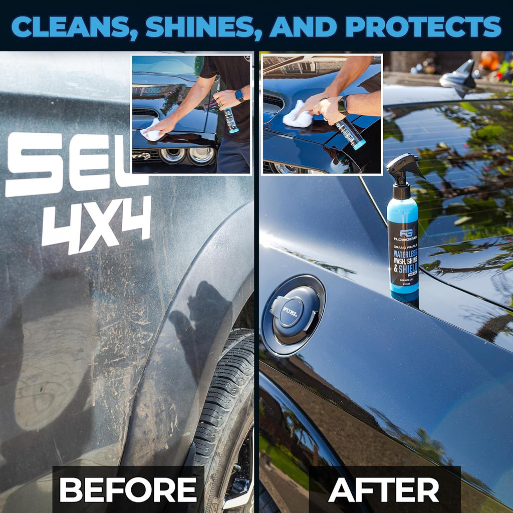 Flowgenix™ Waterless Car Wash Spray - Grand Finale - Motorcycle Cleaner & Car Wax Spray Polish (8 oz) - Ceramic Coating - Incl. 2 Microfiber Towels - Quick Detailer Spray (2-Pack)
