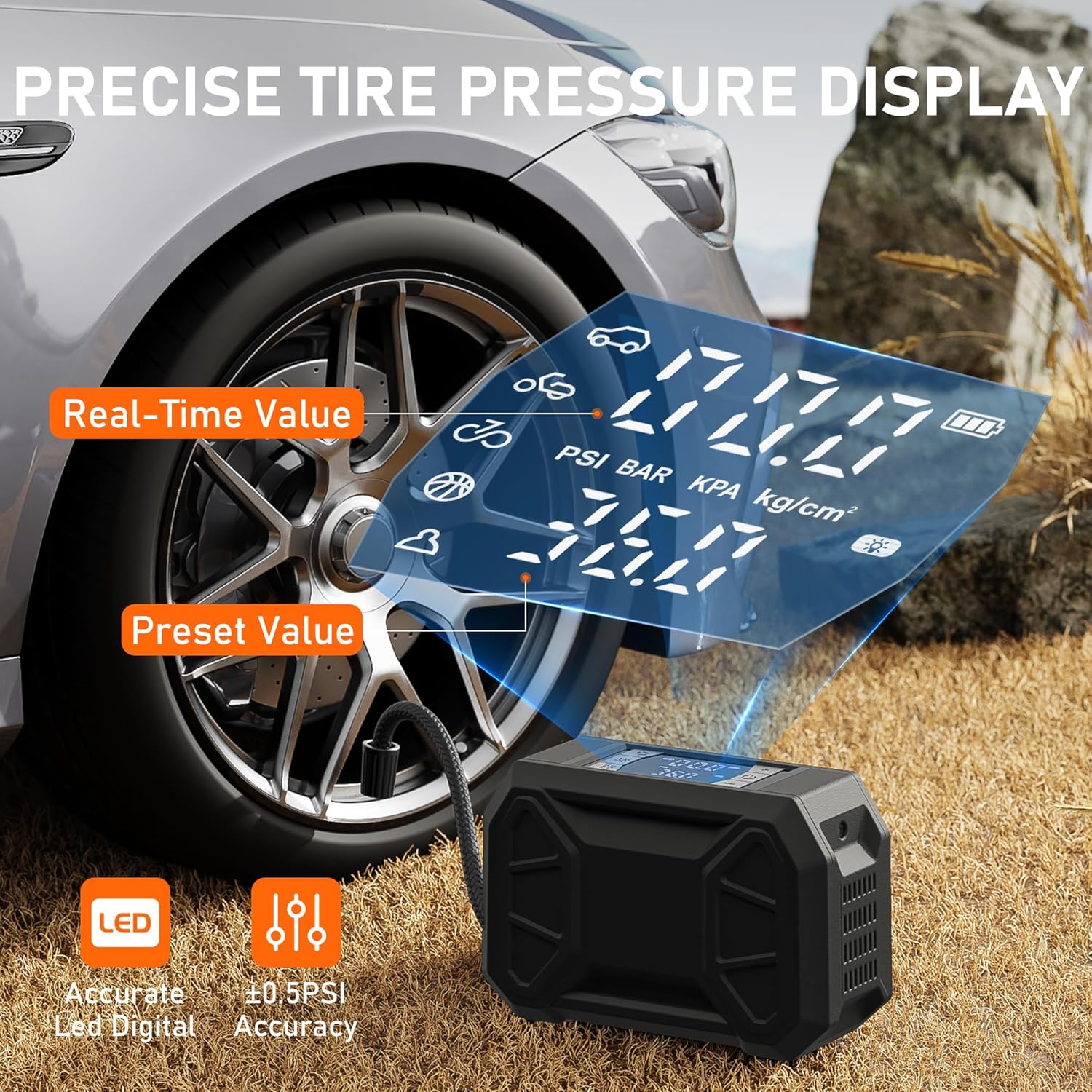 Tire Inflator Portable Air Compressor, 150 PSI Cordless Tire Pump for Car Tire 12V DC Dual Power Battery Tire Inflator Air Pump with Pressure Gauge LED Light for Car, Motorcycle, Bike, Ball