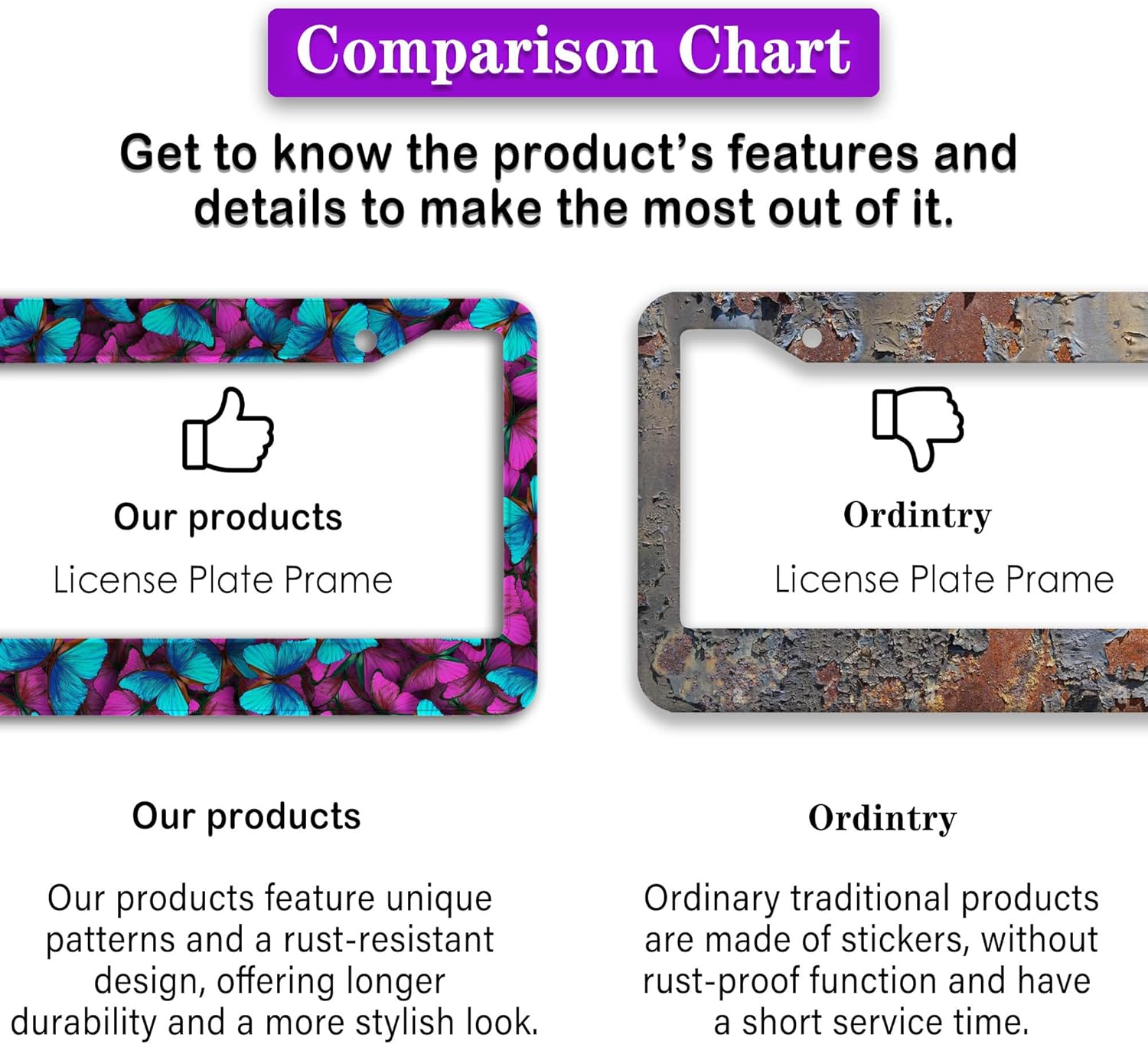 License Plate Frames Multicolor Car Plate Frame for Women Blue Purple Butterfly Women Universal Aluminum Car Accessory 2 Pack with Screw Covers Set