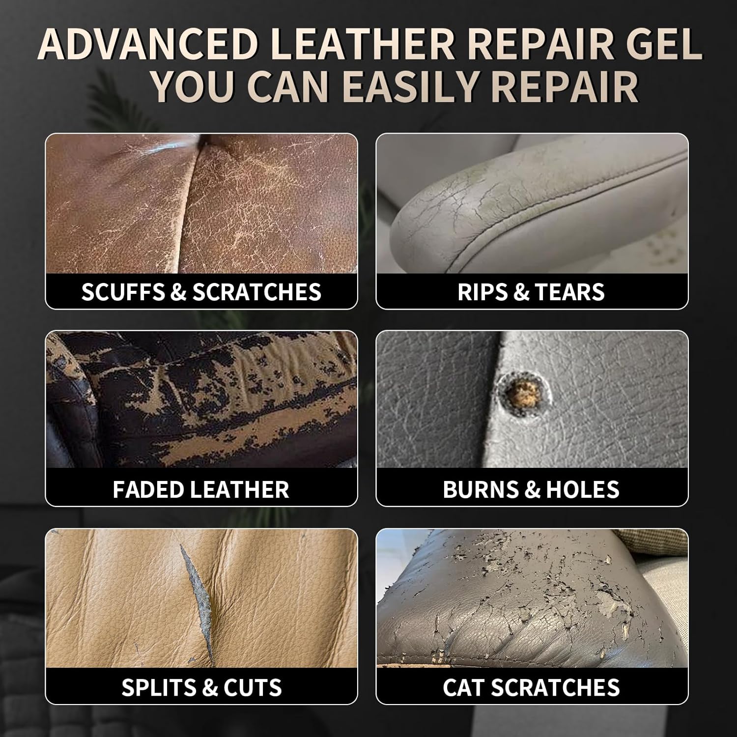 Advanced Leather Repair Gel, 2025 New Leather Repair Coloured Cream Gel, Upgrade Professional Leather Repair Kit for Car Seat Vinyl Repair Kit, Multifunctional Couch and Jacket Repair Kit (Black)