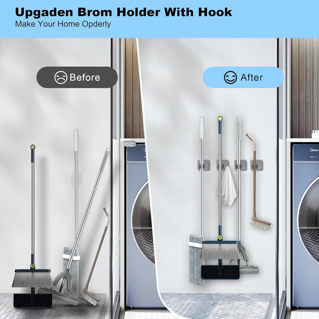 4 Pack Stainless Steel Mop and Broom Gripper with Hook, Screw Drilling or Self Adhesive Mop and Broom Holder Wall Mount, Storage Rack for Closet Laundry Garage Garden Tool Organizer, Silver