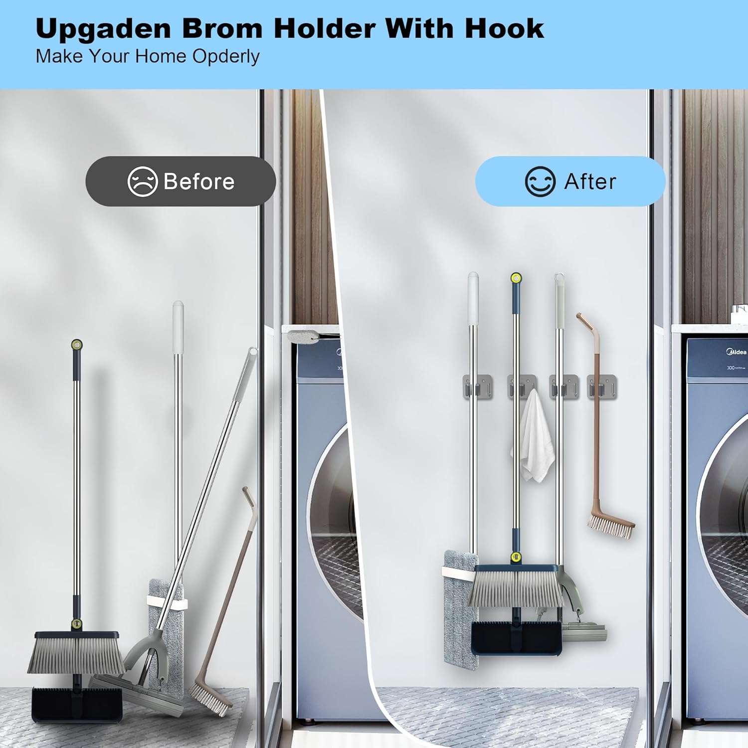 4 Pack Stainless Steel Mop and Broom Gripper with Hook, Screw Drilling or Self Adhesive Mop and Broom Holder Wall Mount, Storage Rack for Closet Laundry Garage Garden Tool Organizer, Silver