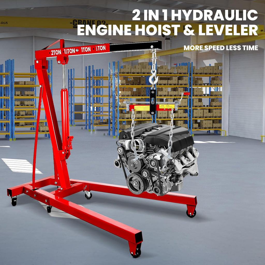 2 Ton Engine Hoist, Folding Hydraulic Cherry Picker Engine Hoist, 60.6x37x56.2 Inch Alloy Steel Hydraulic Lift with Lever, 6 Swivel Wheels and Engine Leveler, Garage Auto Repair Tools (Red)