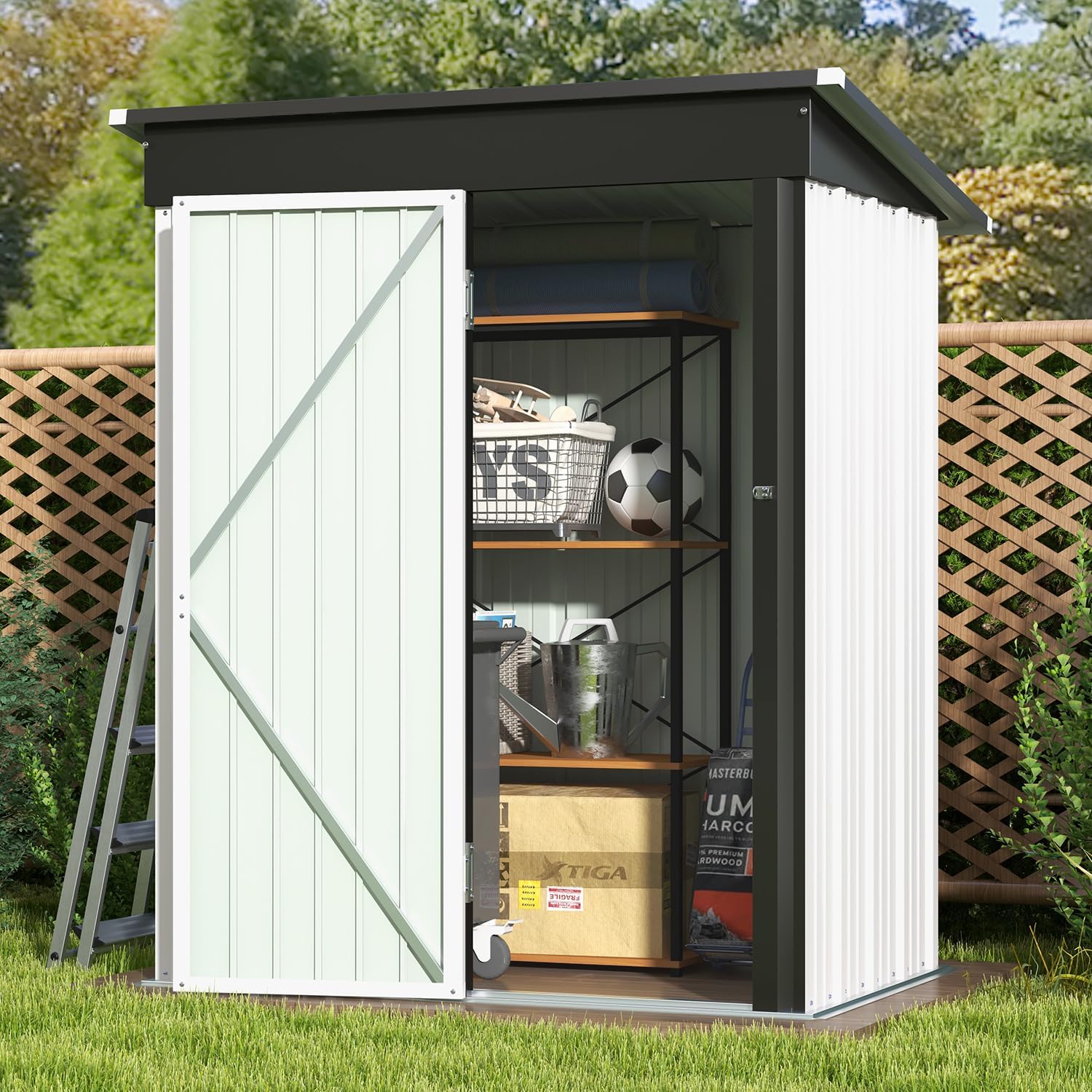 Patiowell 5x3 FT Outdoor Storage Shed, Garden Tool Shed with Sloping Roof and Lockable Door, Metal Shed for Backyard Garden Patio Lawn, White