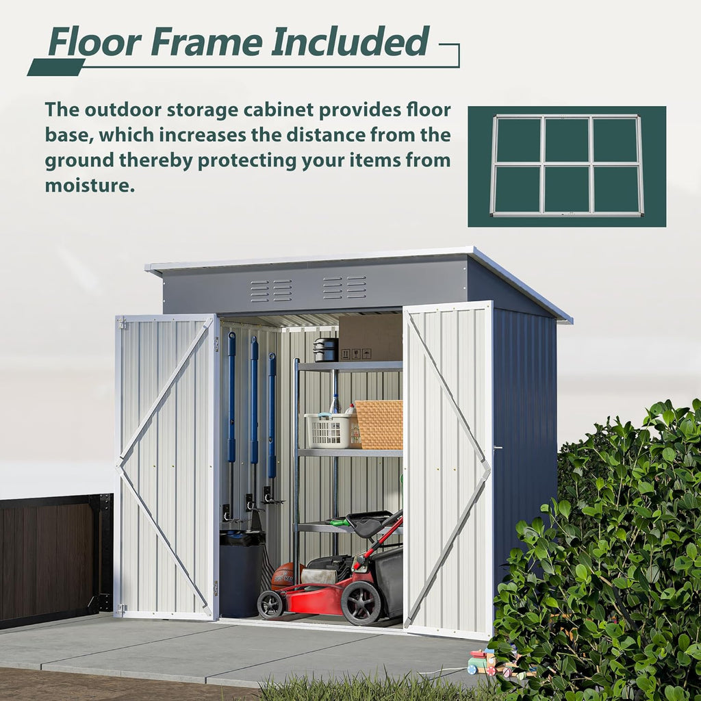 6x4 FT Outdoor Metal Storage Shed with Lockable Door & Floor Frame, Heavy-Duty Garden Tool Shed, Weatherproof Steel Utility Shed for Backyard, Patio, or Lawn Organization