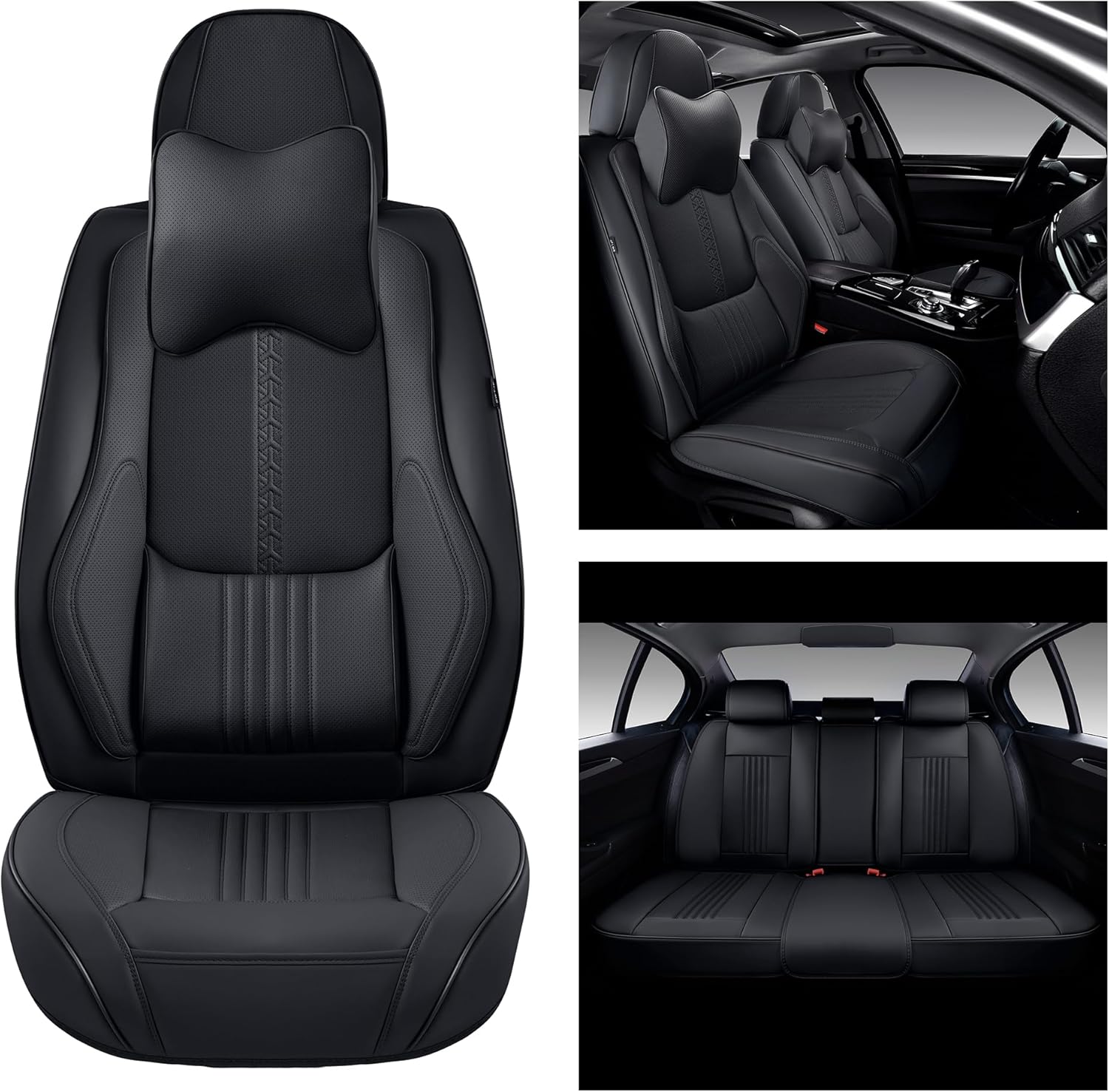 Car Seat Covers Full Set, Front and Rear Seat Covers for Cars, Waterproof Leather Auto Seat Protectors with Head Pillow, Car Seat Cushions Fit for Most Sedans SUV Pick-up Truck, Black